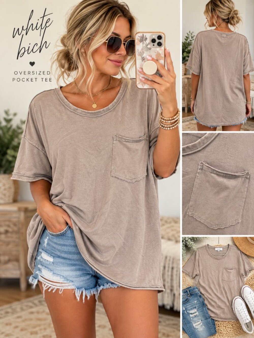 White Bich Oversized Pocket Tee Large Washed Taupe Boho Casual Top